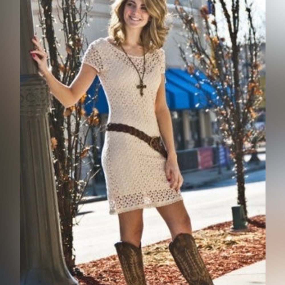 Free People Vintage Crotchet Knit Boho Mini Dress Cream Gypsy
